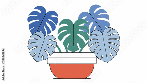 Monstera Deliciosa Plant in Pot, Minimalist Illustration