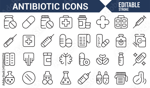 Set of clean and minimalist antibiotic and medicine icons for healthcare design.