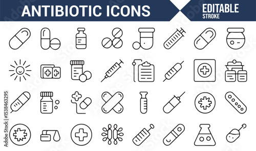 Collection of health-related icons focused on antibiotics, pills, and syringes.

