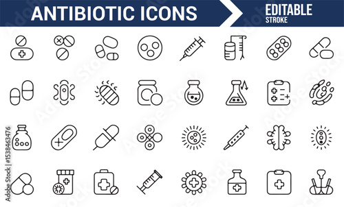 Illustration of antibiotic pills, bottles, and bandages for medical use