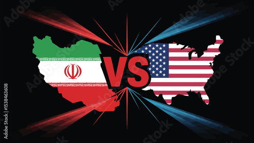 iran vs usa geopolitical rivalry concept with national flags and country outlines on black background symbolizing global tension
