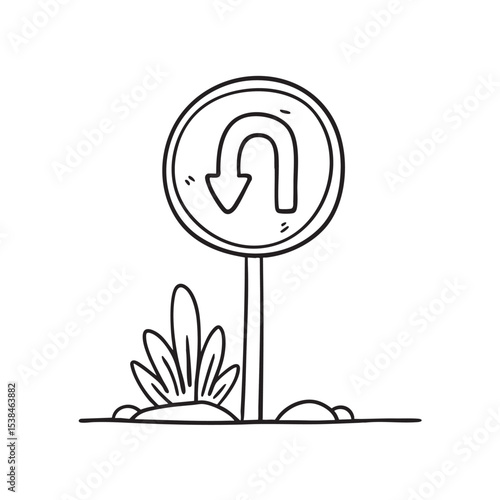 A U turn road sign positioned beside a short shrub