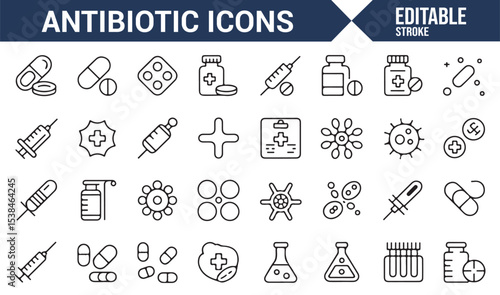 Set of thin line antibiotic and medical icons for use in healthcare-related designs.