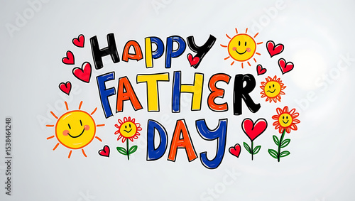 Handwritten Happy Father’s Day lettering with childlike drawings of sun, hearts, and flowers on white background, vector illustration for greeting card design