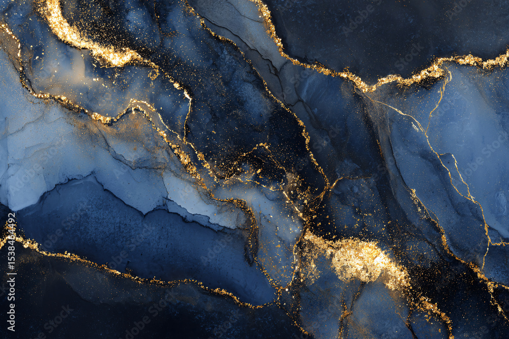 Fototapeta premium Marble texture with dark blue and gold streaks. abstract stone pattern. luxury background. banner. wallpaper dark blue stone. gold inclusions.