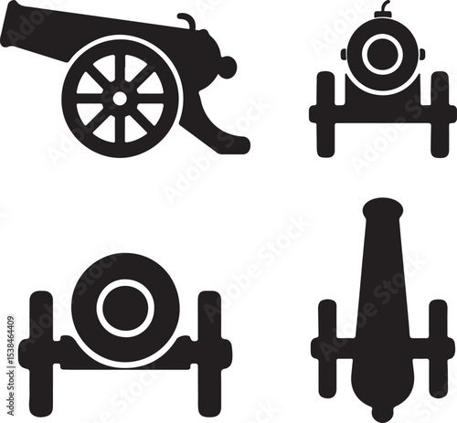 cannon silhouette icons set side, front, back, and top views vector art illustration