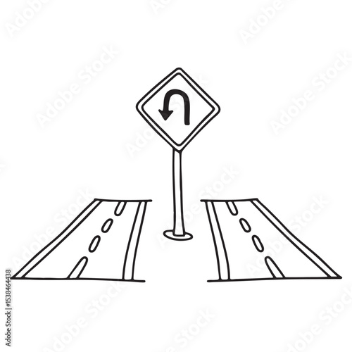 A U turn sign placed at the median in the middle two roads