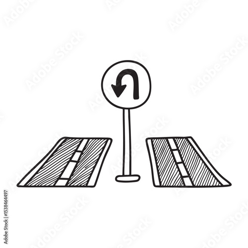 A U turn sign posted at a median dividing two roads