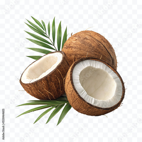 realistic 3d whole and cutout coconut with palm leaves  isolated on transparent background