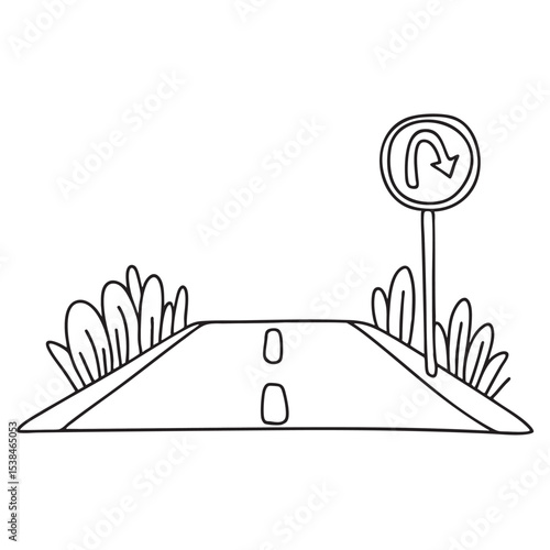 A U turn sign standing on the median strip between two lanes