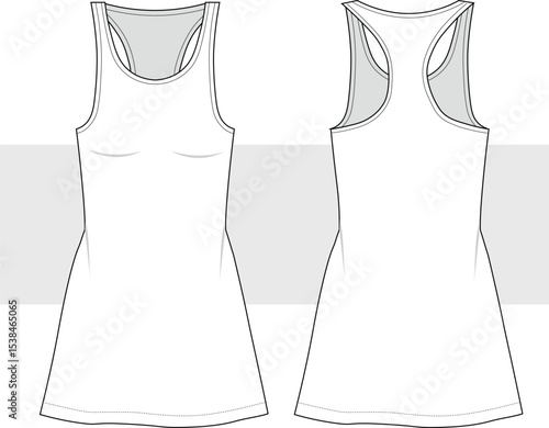 Women racer back sport mini dress  technical fashion drawing, flat sketch vector, illustration. Front and back view. CAD, mockup set.