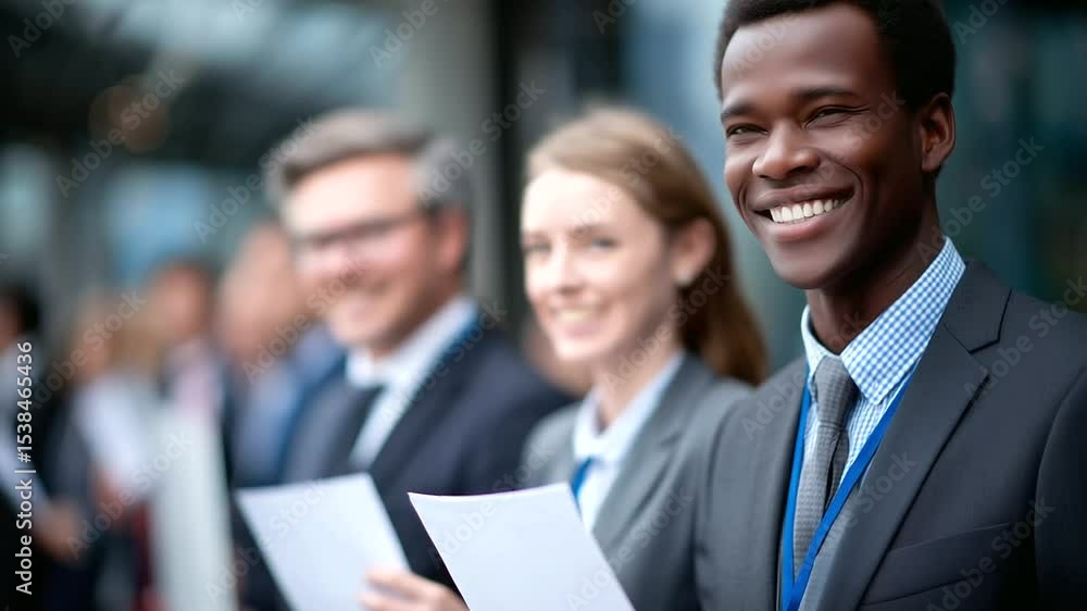 People in formal wear hold folders and application packets as they queue up near an information desk, eager to make professional connections People in formal wear hold folders and application packets as they queue up near an information desk, eager to make professional connections