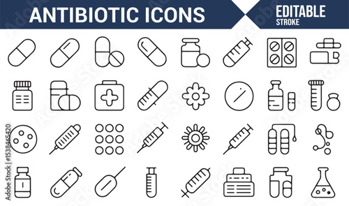 Set of illustrations of antibiotics, bacteria, and medical tools for pharmacy use.