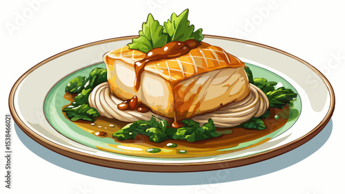 Delicious miso glazed cod atop sautéed spinach on a clean white background, perfect for gourmet dining experiences Very beautiful
