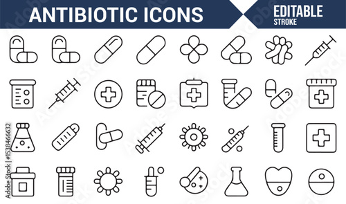 Collection of icons for antibiotics and medical science, suitable for healthcare projects.
