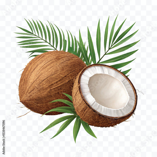 realistic 3d whole and cutout coconut with palm leaves  isolated on transparent background