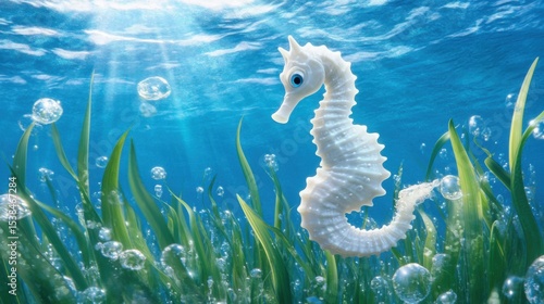 White seahorse swimming underwater with bubbles