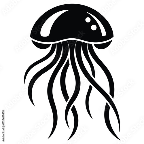Isolated black jellyfish with elegant tentacles gracefully descending, radiating marine mystery and simplicity