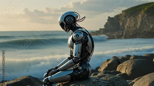 Lonely humanoid robot sitting on a rocky coast looking at waves under cloudy sky, futuristic melancholy. Concept of artificial intelligence and solitude