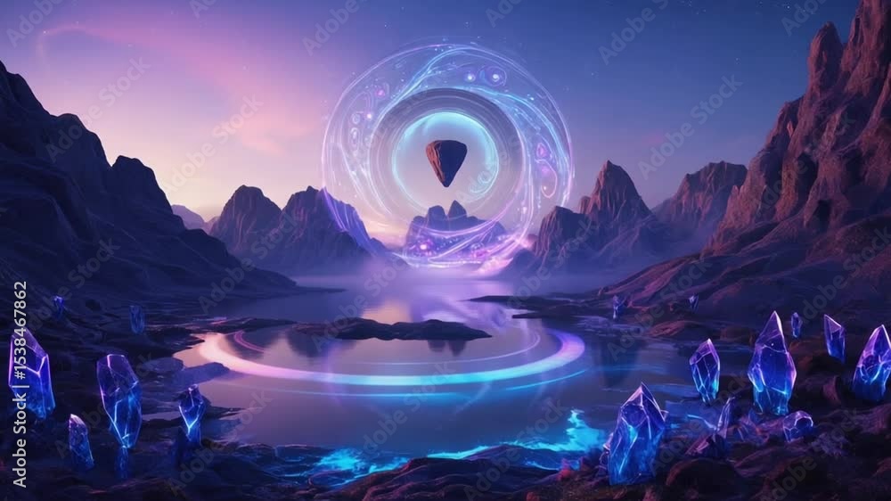 A secluded lake alien planet, floating rock rings bioluminescent trees ...