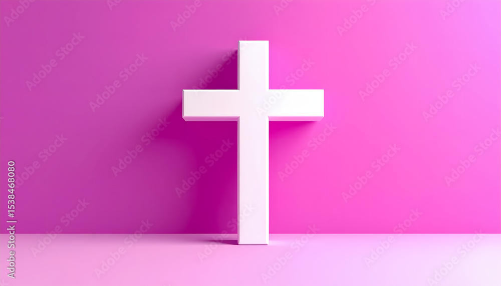 Fototapeta premium White Cross Against Pink Background - Christian Symbolism and Religious Imagery