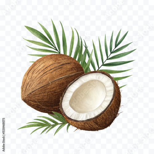 realistic 3d whole and cutout coconut with palm leaves  isolated on transparent background