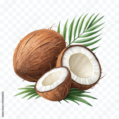 realistic 3d whole and cutout coconut with palm leaves  isolated on transparent background