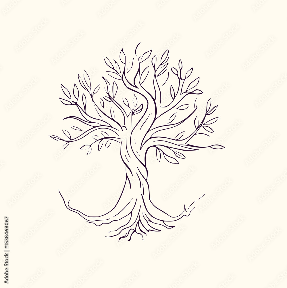 Minimilist illustration of a tree with a twisted trunk branches and leaves in a simple line drawing style design art vector Minimilist illustration of a tree with a twisted trunk branches and leaves in a simple line drawing style design art vector
