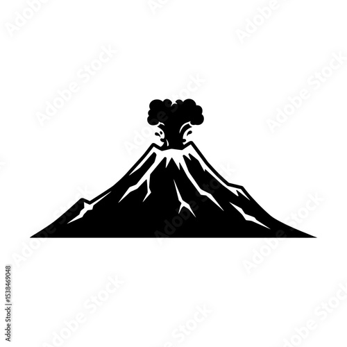 Volcano eruption icon. Colorful line art illustration of an erupting volcano with smoke and lava.