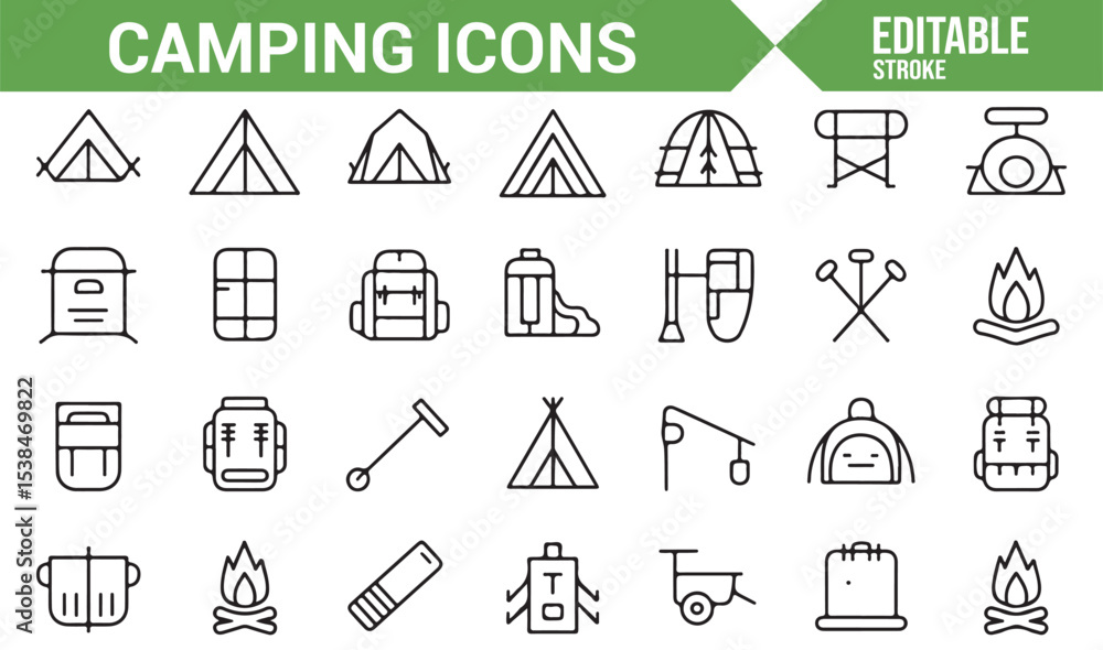 Fototapeta premium Set of line icons representing various camping essentials, including tents and backpacks.
