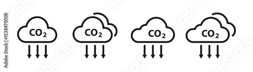 Reduce co2 gas icon set. Carbon dioxide emission reduction cloud sign. Editable line width vector illustration and PNG transparent