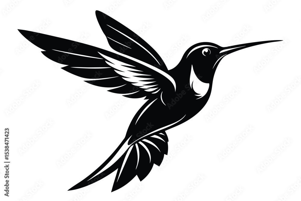 Fototapeta premium A striking black silhouette of a hummingbird soars against a crisp white backdrop