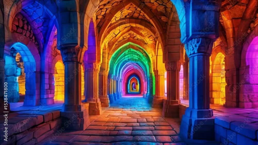 Vibrantly Lit Ancient Stone Corridor with Multicolored Arches and Pillars Creating a Mystical and Historical Ambiance