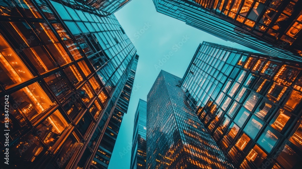 custom made wallpaper toronto digitalThree tall, modern glass skyscrapers with reflective windows, illuminated from within, against a clear blue sky.