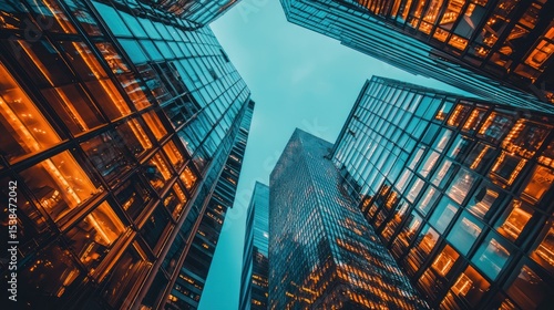 Wallpaper Mural Three tall, modern glass skyscrapers with reflective windows, illuminated from within, against a clear blue sky. Torontodigital.ca