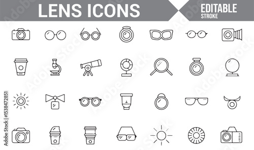 Collection of line icons representing camera lenses, eyeglasses, and optical equipment.