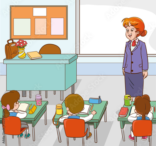 Classroom with students and teacher.students and teacher in classroom children learning education concept.vector illustration of Teacher Woman Teaching in Classroom 