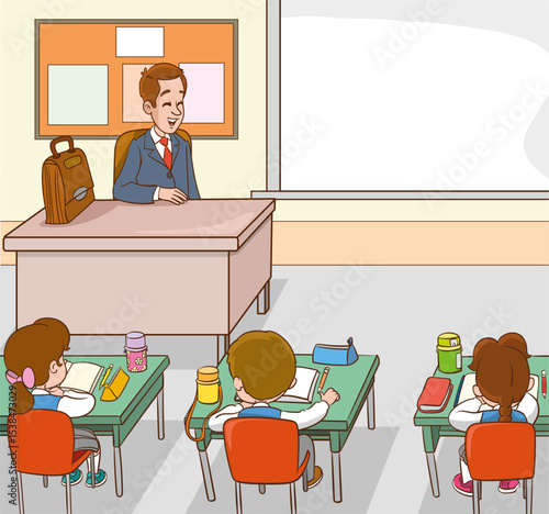Classroom with students and teacher.students and teacher in classroom children learning education concept.vector illustration of Teacher Woman Teaching in Classroom 