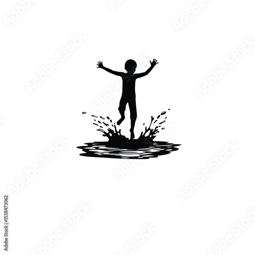 child jumping in puddle silhouette on white background