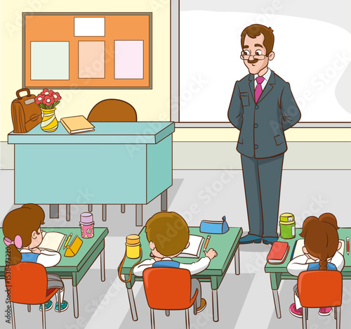 Classroom with students and teacher.students and teacher in classroom children learning education concept.vector illustration of Teacher Woman Teaching in Classroom 