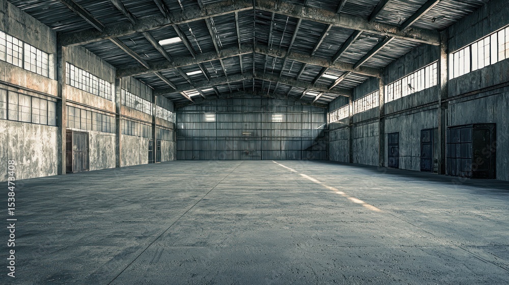 A large, empty warehouse with concrete floors and a high ceiling, featuring large windows and exposed beams. A large, empty warehouse with concrete floors and a high ceiling, featuring large windows and exposed beams.