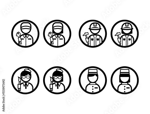 丸いシンプルなモノクロ職業イラストアイコンセット（整備士・大工・画家・ホテルスタッフ）
