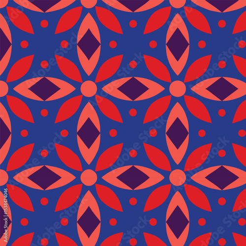 Seamless pattern with geometric, floral, and heart designs for textile, wallpaper, or retro decoration