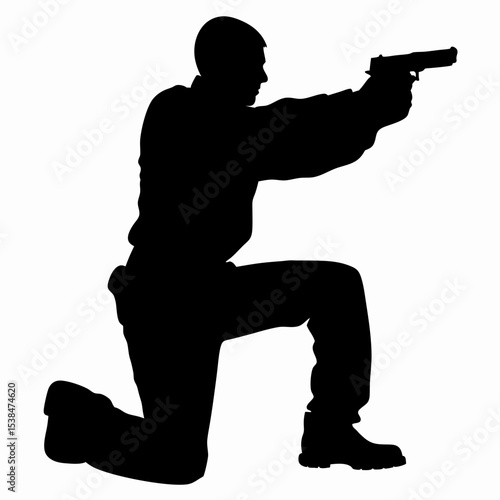 Silhouette of armed soldier kneeling and aiming pistol, tactical military pose on white background

