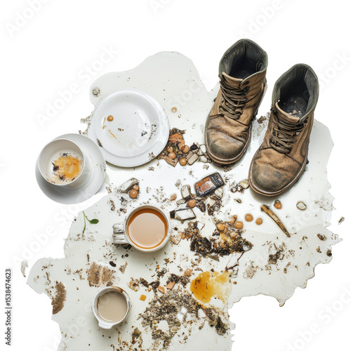 Messy kitchen scene with dirty dishes, food scraps, and worn-out boots, reflecting a chaotic and untidy domestic environment. on transparent background
