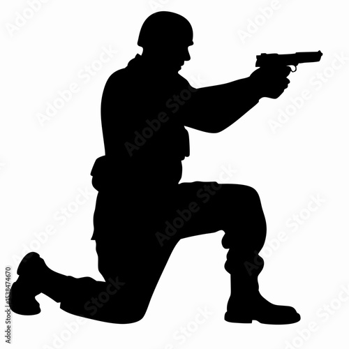 Silhouette of armed soldier kneeling and aiming pistol, tactical military pose on white background
