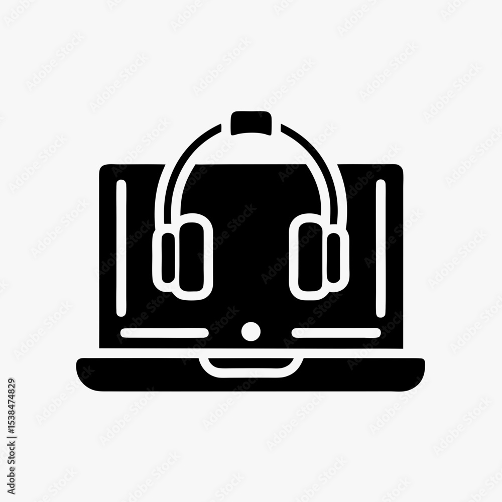 Black icon of laptop with headphones representing online support, call center, or virtual communication concept
Black icon of laptop with headphones representing online support, call center, or virtual communication concept