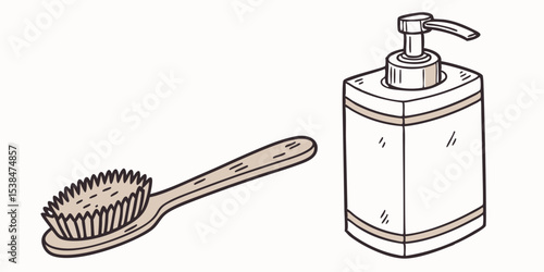 oam-style version of a wooden brush and beige soap dispenser  on isolated background.