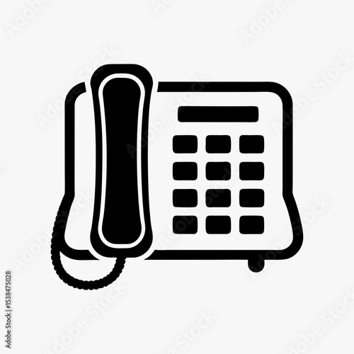 Office landline telephone icon in black and white, symbolizing communication, contact, and customer service

