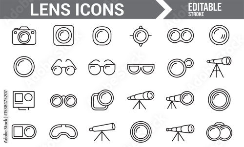 Illustrative set of icons for photography lenses, glasses, and telescopic devices